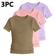 thumbnail image 4 of KyCheLot 3 Pack Ribbed Knit Tops for Girls Crew Neck Solid Color Short Sleeve T-Shirts Trendy Ruffle Trim T-Shirts, 4 of 5