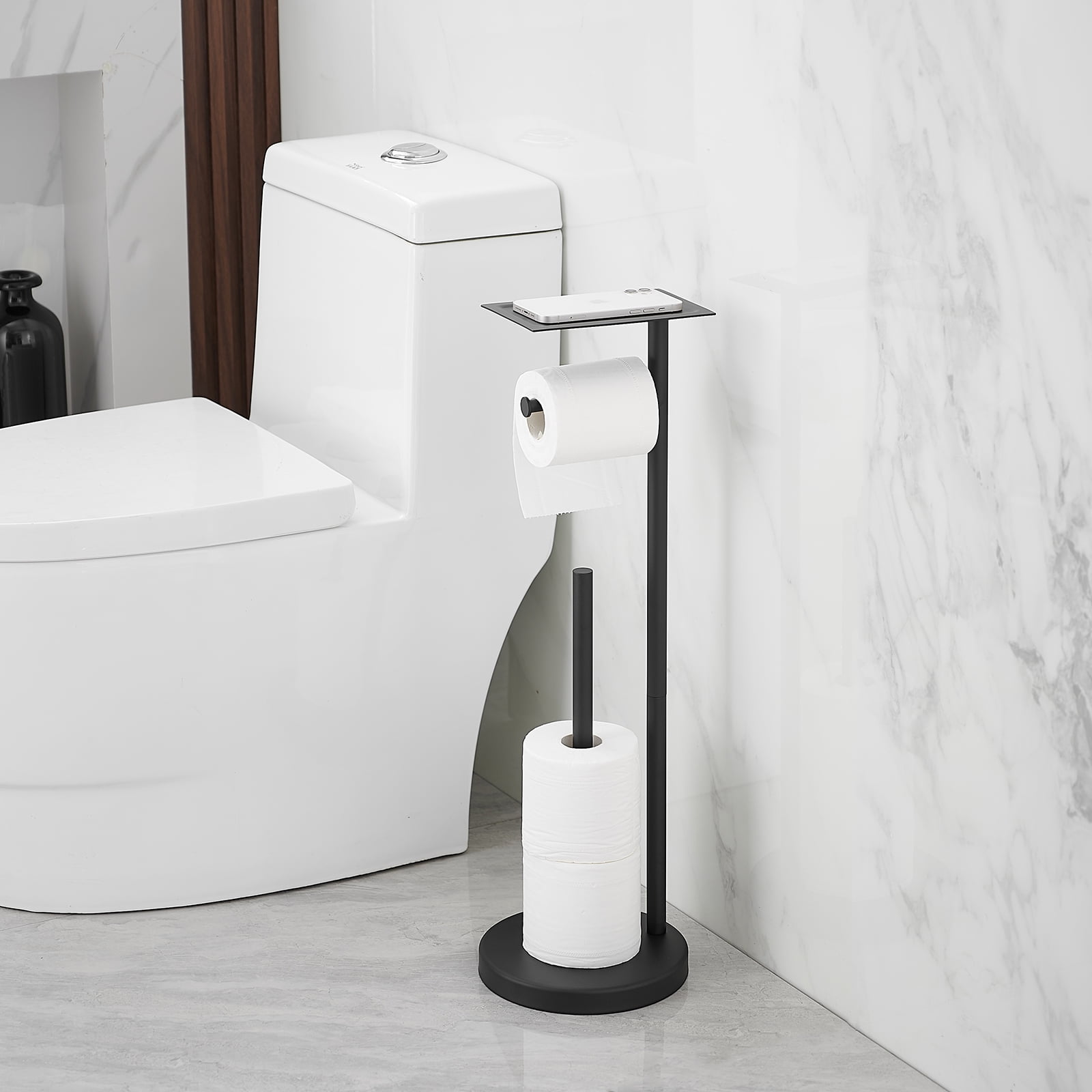 Freestanding Stainless Steel Toilet Paper Holder with Top Storage Shelf in Matte Black