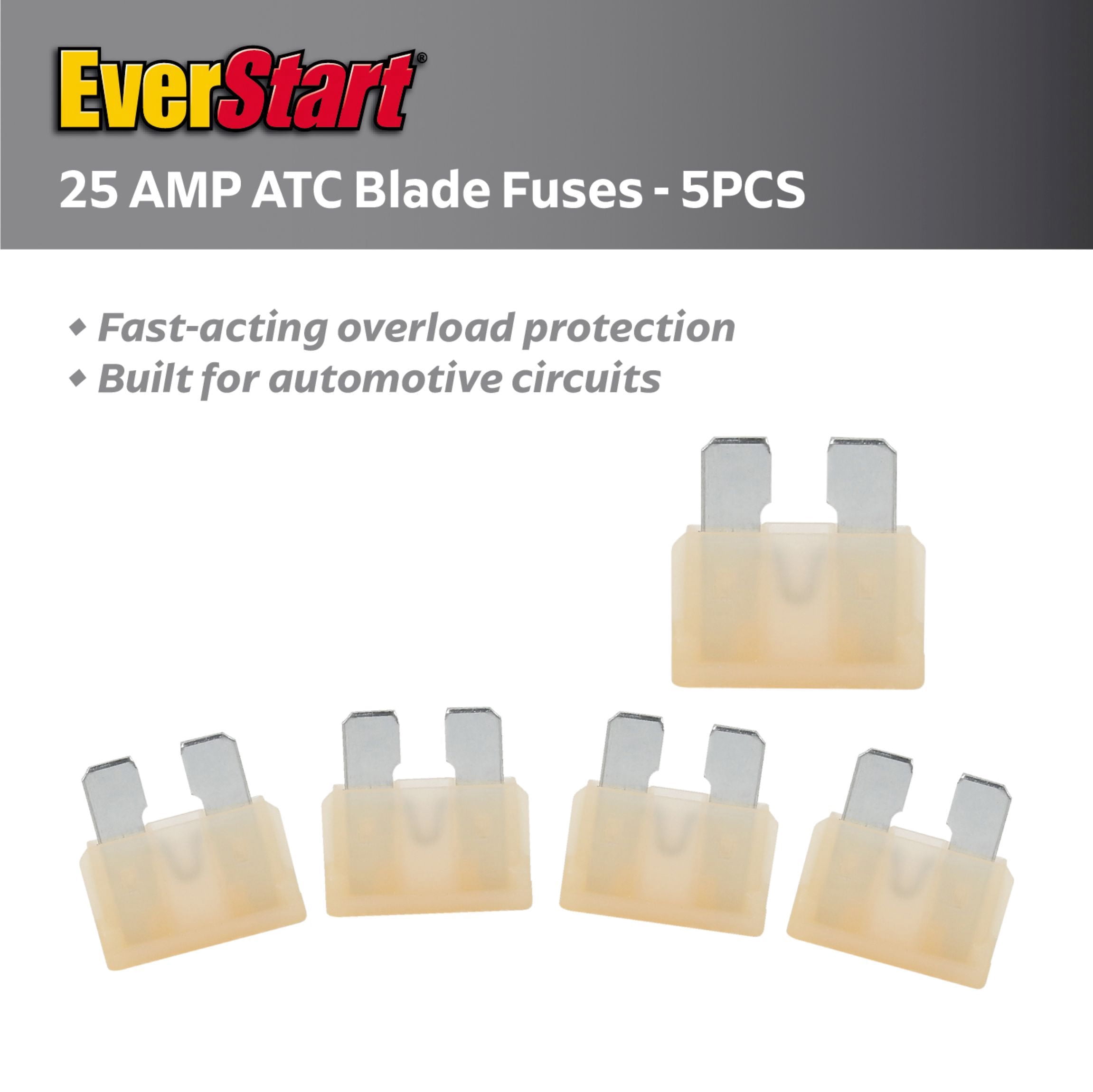 EverStart 25 Amp Automotive ATC Blade Fuses, UL Listed, Auto, Marine, and Electrical Applications, 5 Pack