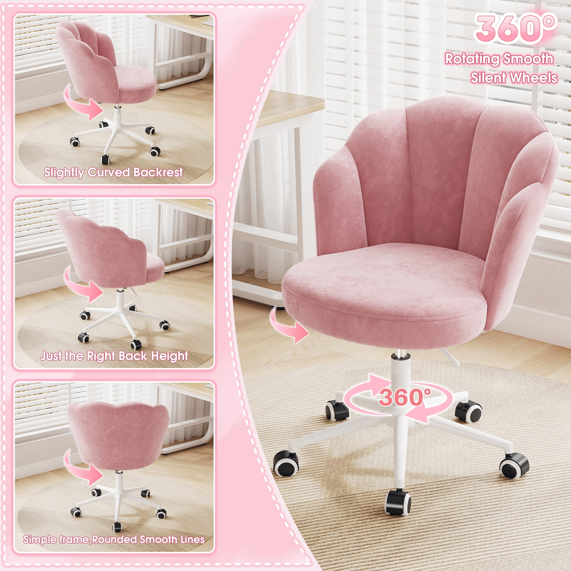Romorgniz Velvet Vanity Chair with Petal Backrest Height Adjustable Desk Chair with Wheels Seashell Makeup Chair for Bedroom, Pink