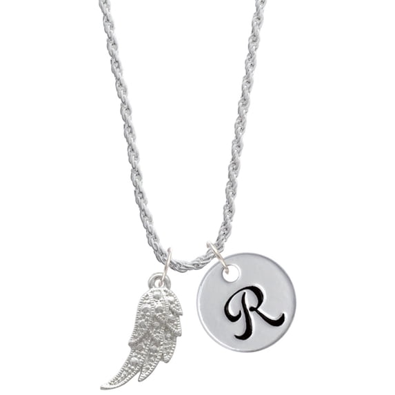 Delight Jewelry Silvertone Textured Wing Silvertone Script Initial Disc - R - Charm Necklace, 20"+3"