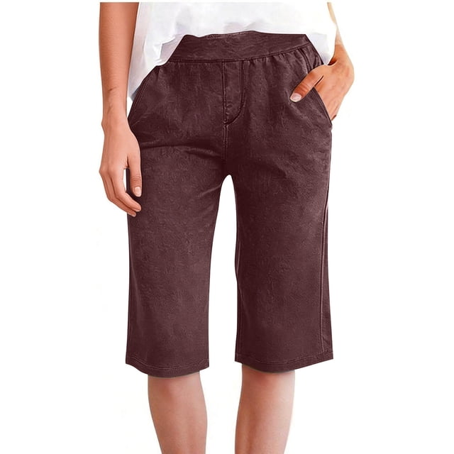 TaTaai Women Solid Color Loose Fit Denim Look Knee Length Shorts Drawstring Waist Casual Summer Style Lightweight Breathable Machine Washable No Fading Daily Outdoor Street Wear Gift