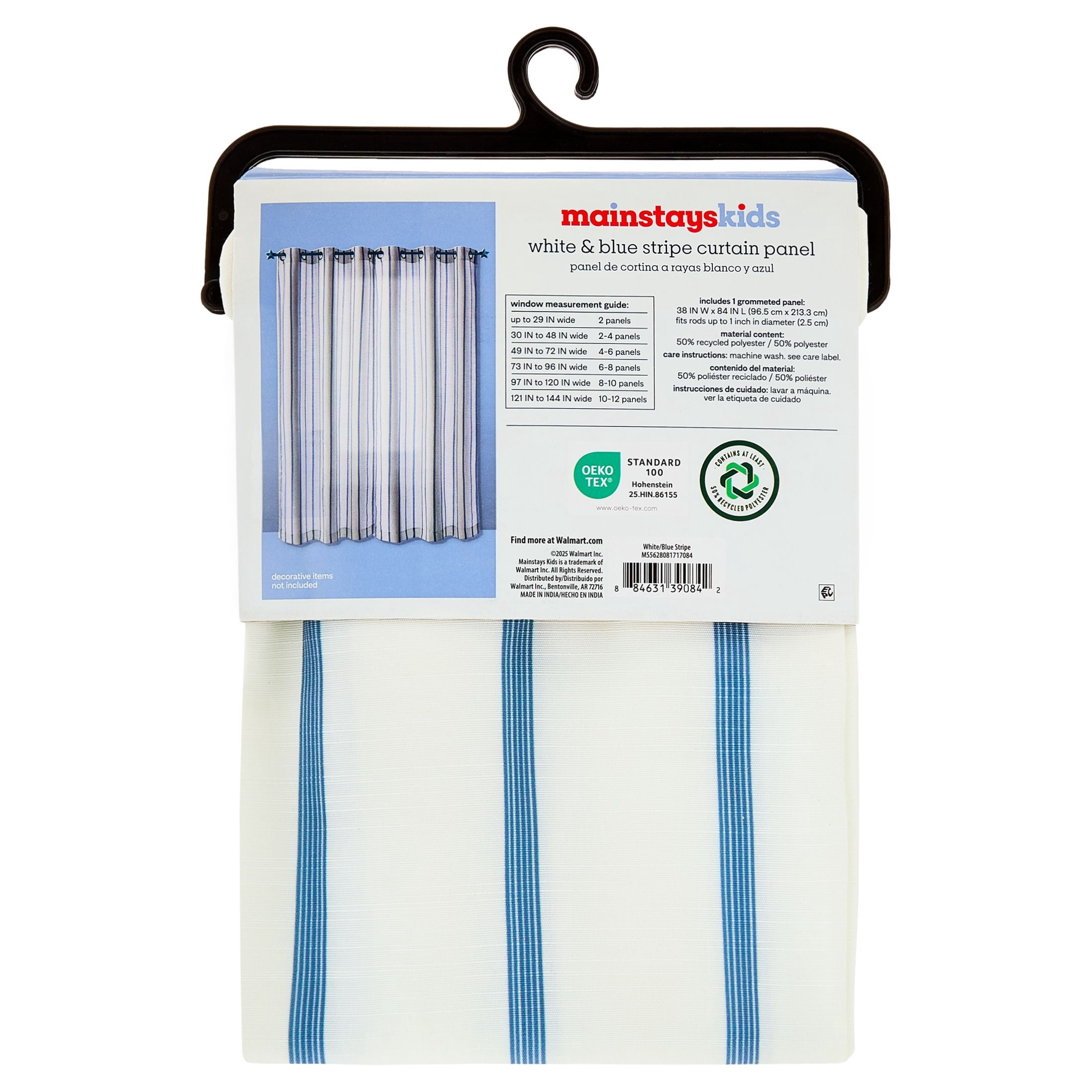 Mainstays Kids White and Blue Stripe Light-Filtering Grommet Single Curtain Panel, 38 in W x 84 in L