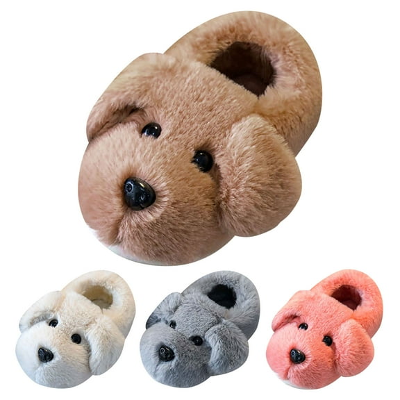 Dakaela 1-10Y Toddler Dog Slippers Boys Girls Funny Plush House Shoes Kids Cute Animal Winter Non Slip Indoor Walking Slipper Brown