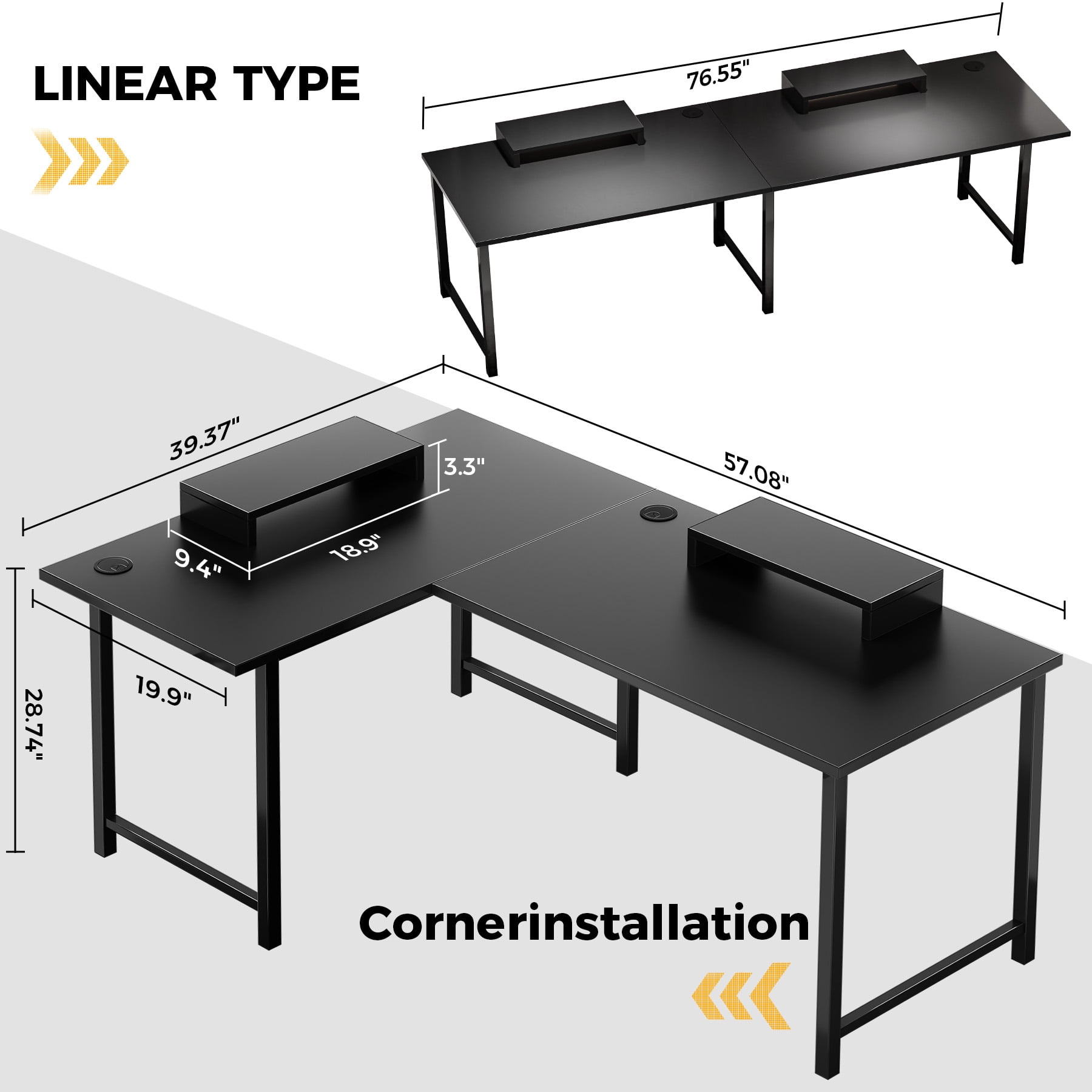 GTPLAYER  L-Shaped Gaming  Computer Desk ,62.2“ Gaming Table inch PC Writing Study Desk with Movable Monitor Stands for Home Office, Black