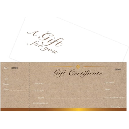 Blank Gift Certificates Cards with Envelopes 25 Set - Kraft Image with Stub - Gift Coupons, Vouchers for Small Business