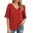 thumbnail image 1 of Pompotops Women V-Neck Printing Blouse Mesh Panel Blouse Bell Sleeve Loose Tops, 1 of 9