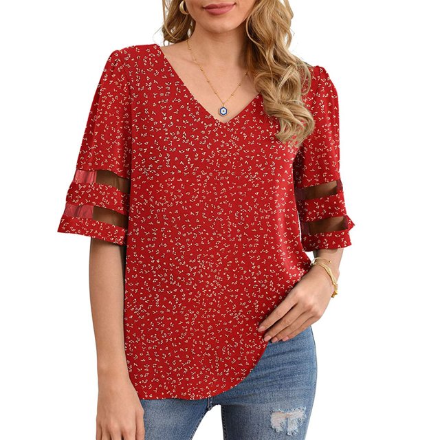 Pompotops Blouse à Col en V pour Femmes, Blouse à Panneau en Maille, Manches Cloche, Hauts Amples