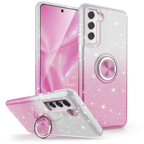 TJS for Samsung Galaxy S21 FE 5G Phone Case, Two Tone Shinny Glitter Metal Ring Magnetic Support Kickstand Cover (Pink)