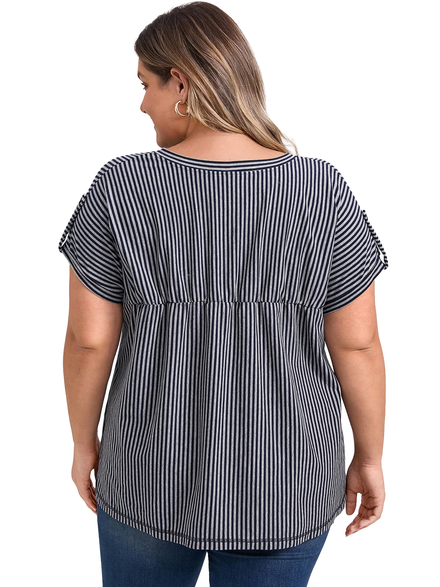DARING DIVA Women's Plus V Neck Vertical Stripe Drop Shoulder Blouse 2X Blue Gray