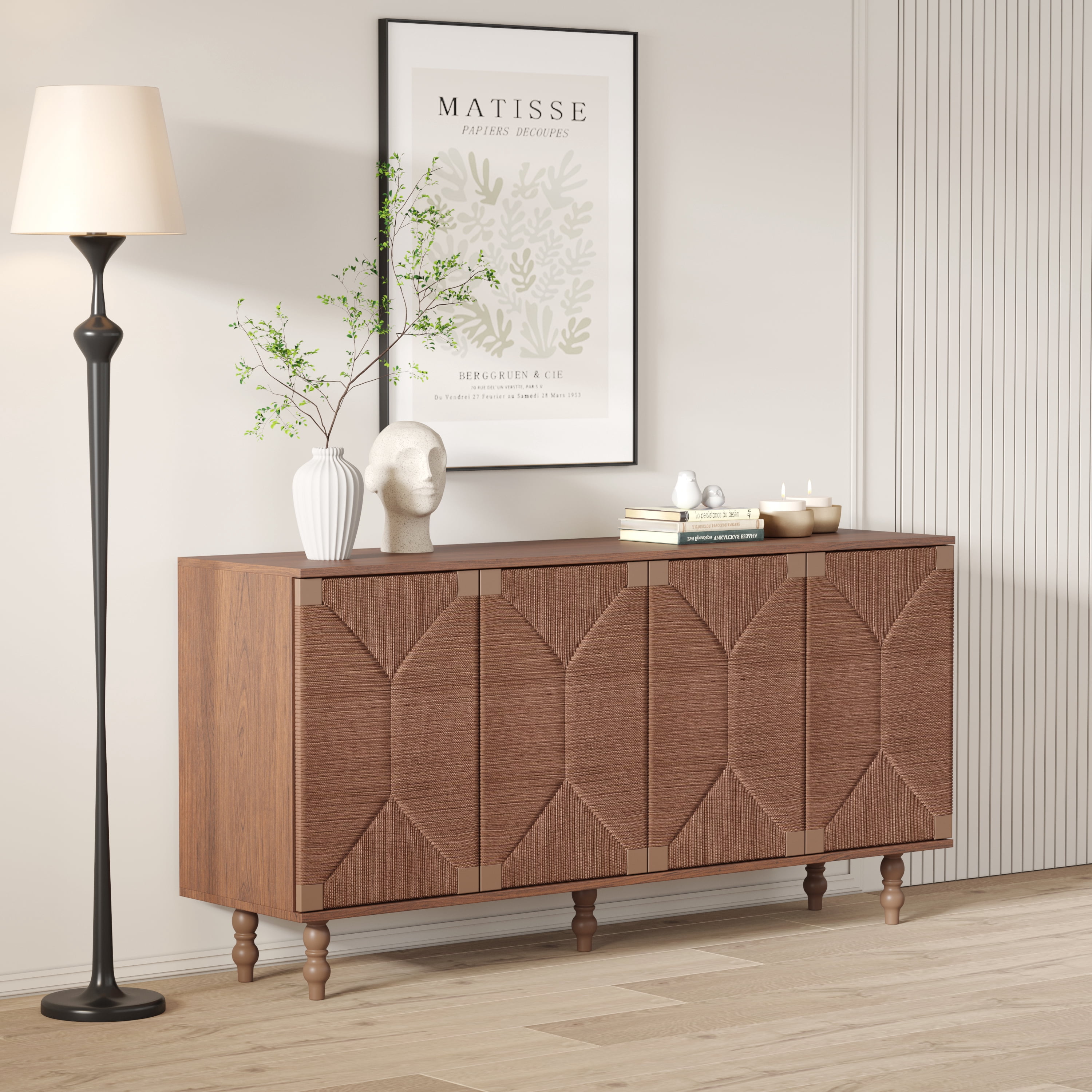 GARITIN Sideboard Buffet Cabinet, Accent Storage Wood TV Stand with Wire-Brushed Seagrass Doors, 4-Compartment Cabinet for Hallway Entryway Dining Room, Brown