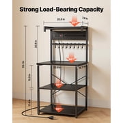 KFFKFF Kitchen Bakers Rack with Power Outlet, 4.6ft Cable, 23.6 Wide with Sturdy X-Shaped Support, 8 Hooks, and Storage for Dishes, Spices, and Coffee Essentials