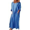 thumbnail image 2 of Joernso Women Vintage Solid Color Long Sleeve O Neck Pockets Maxi Dress Tunic Kaftan, 2 of 6