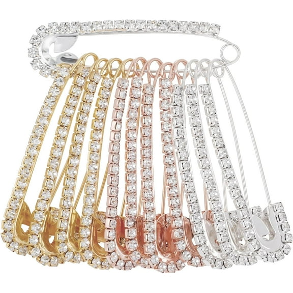 12 PCS Fancy Safety Pins, Rhinestone Gold and Sliver Safety Pins Large, Decorative Brooch Pins for Clothing, Women Crystal Brooch Pin for Clothes Hats Shawl