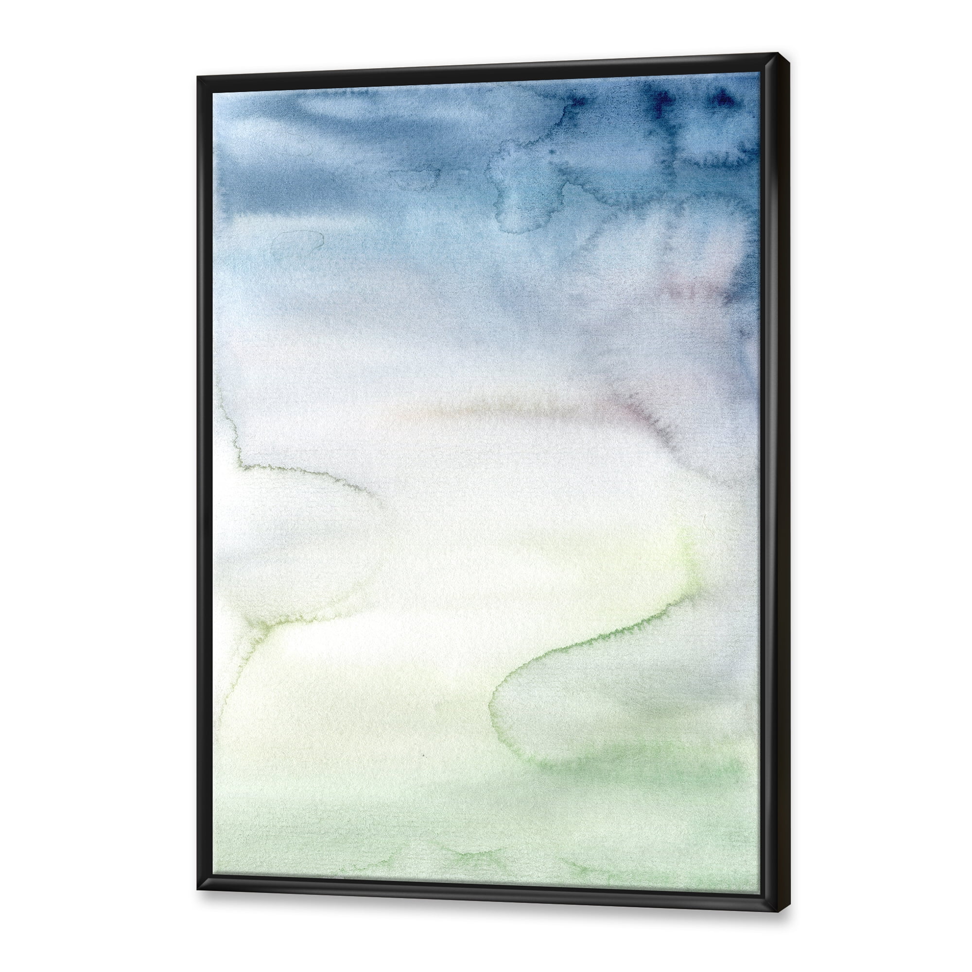 Pastel Abstract With Green Dark Blue and White Spots 16 in x 32 in Framed Painting Canvas Art Print, by Designart