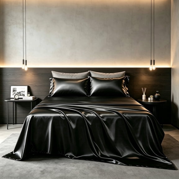 Kisportee Satin Sheet Set, 4 PCS Queen Size Sheet, Silky Bed Sheets, with Flat Sheet, Deep Pocket Fitted Sheet for Mattress and Satin Pillow Cases, Black