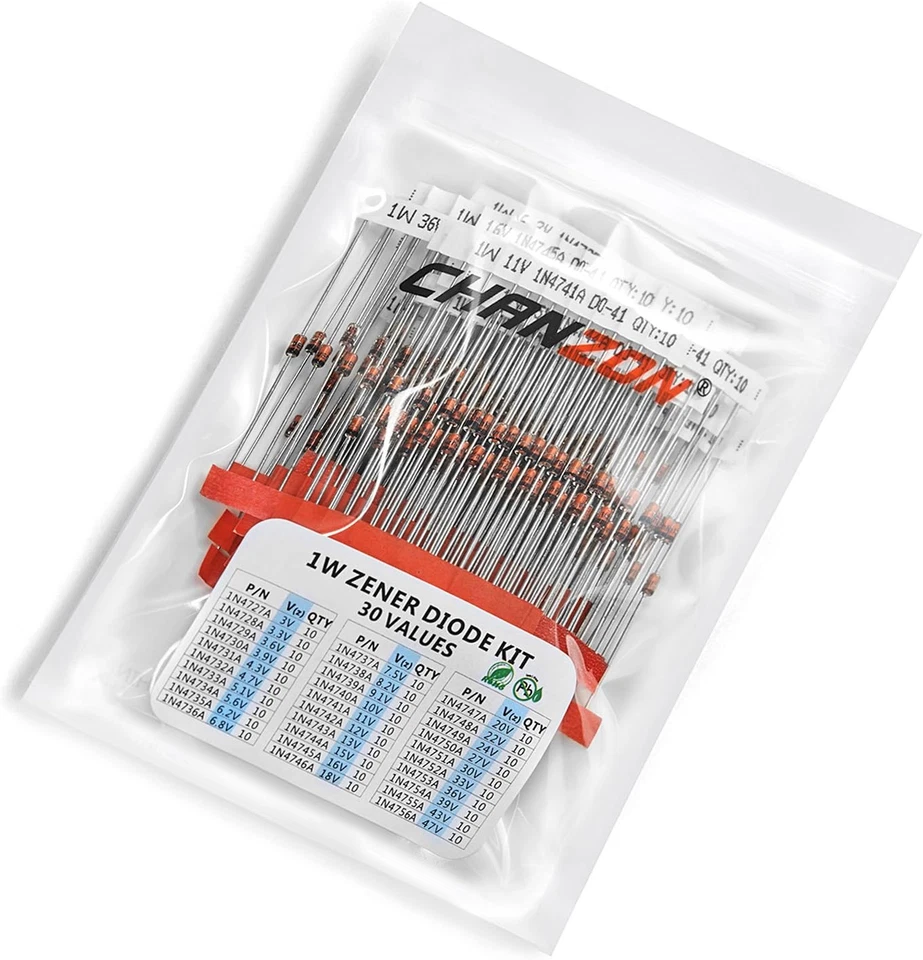 CRESTIN- 30 Values 300Pc 1W Zener Diode Assorted Kit (3V 3.3V 3.6V 3.9V 4.3V 4.7V 5.1V...