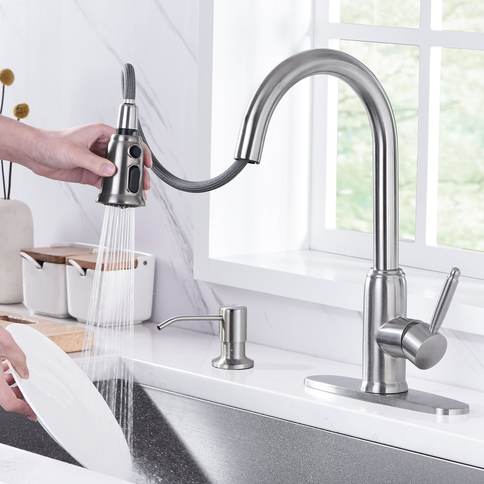 Wowow Stainless Steel Kitchen Faucet with Soap Dispenser, Brushed Nickel Kitchen Faucet for Sinks