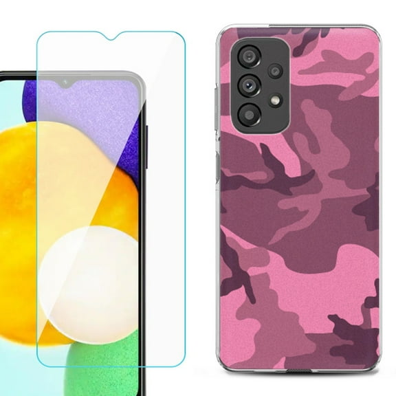 Slim-Fit Gel TPU Phone Case for Samsung Galaxy A23 5G, with Tempered Glass Screen Protector, by OneToughShield ® - Camo Pink