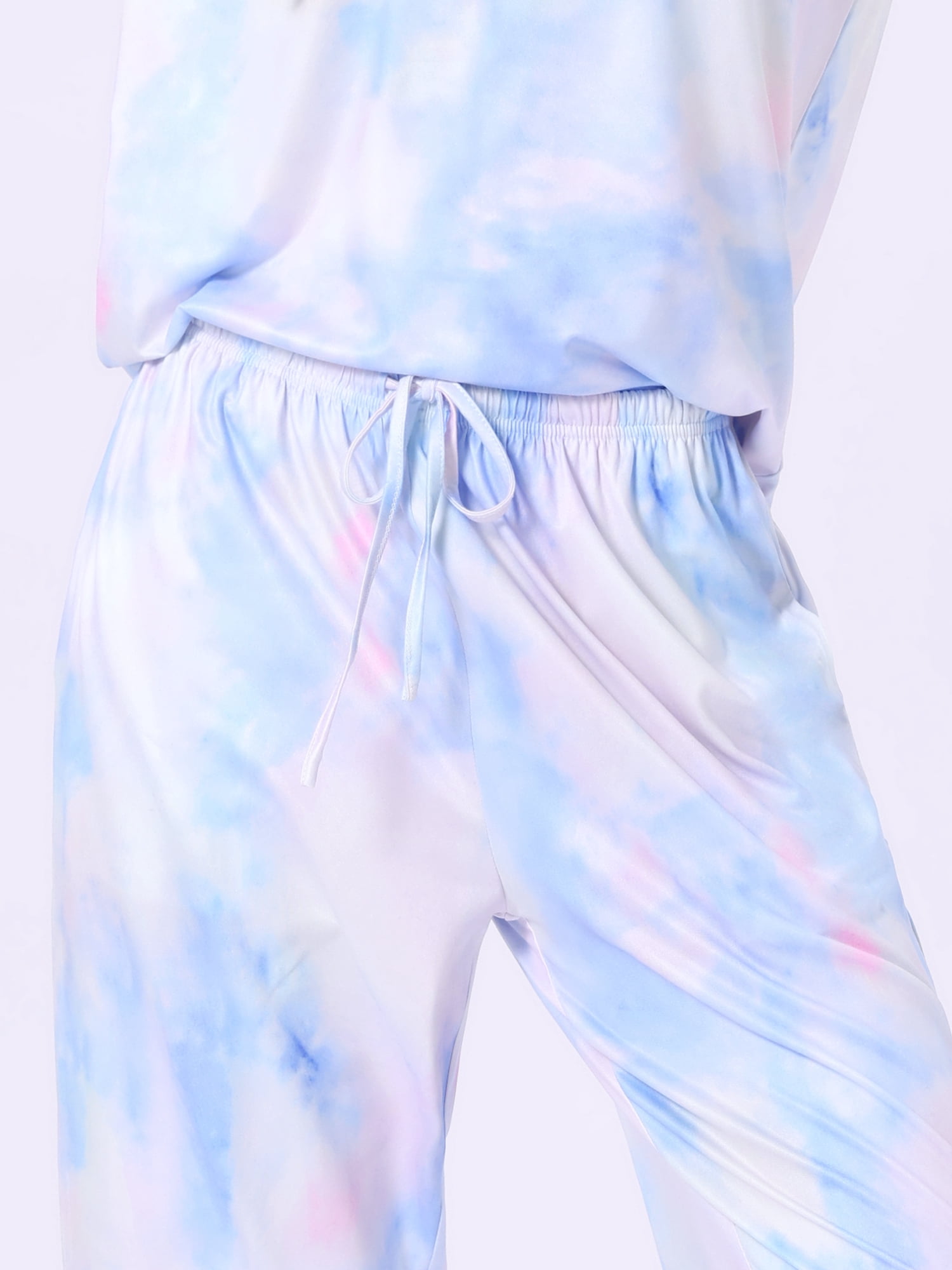 DARING DIVA Women's Short Sleeve Tie Dye Capri Pants with Pockets Loungewear L Multicolor