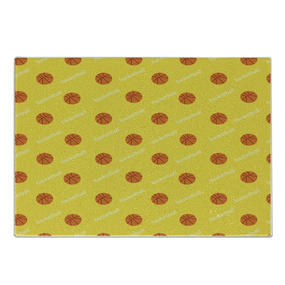 Basketball Cutting Board, Athletics League Theme Balls on Yellow Backdrop Goal Fun Game Match, Decorative Tempered Glass Cutting and Serving Board, Small Size, Yellow Orange White, by Ambesonne