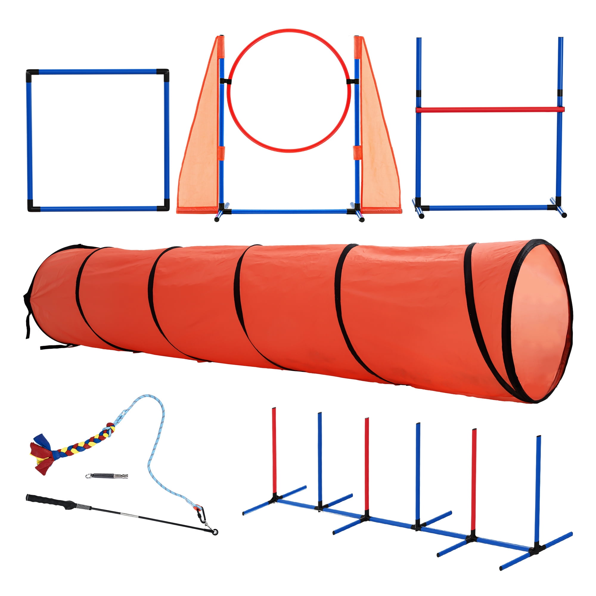 Uforic Dog Agility Equipments: Includes Flirt Pole, Agility Tunnel, 3 Jumps, 6 Weave Poles, Pause Box, Agility Course Set for Backyard, Indoor, Outdoor, Orange