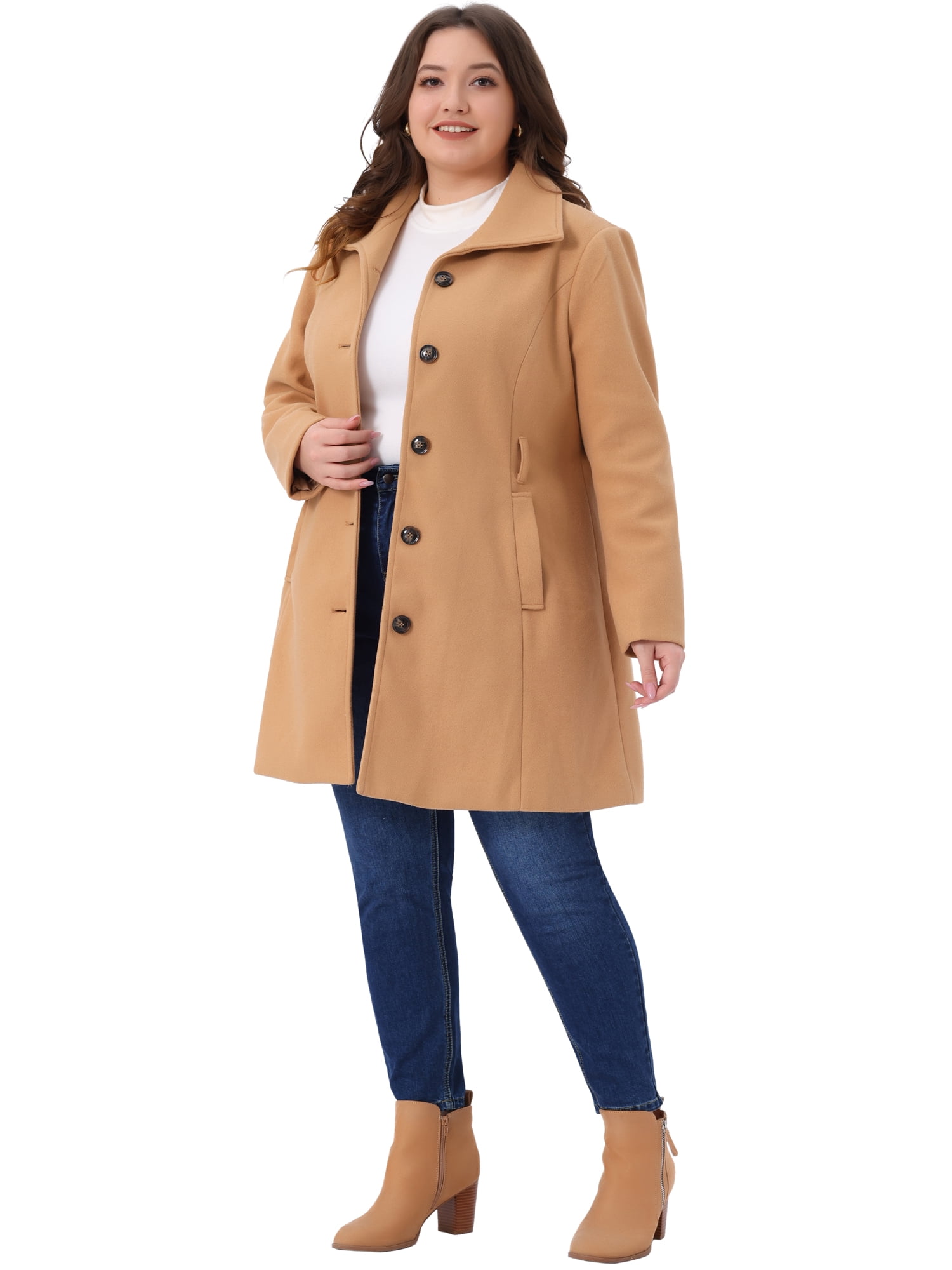 DARING DIVA Women's Plus Size Notch Lapel Single Breasted Peacoat with Belt 4X Camel