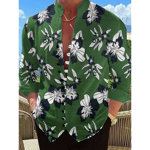 Men's Casual Hawaii Long Sleeve Button Down Shirt Beach Fashion Printed Floral Leave Shirts Green XL
