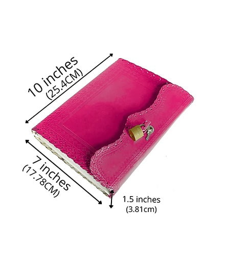 Jaald 10" Leather Journal Blank Notebook Handmade Travel Diary with Lock Writing Bullet Journal Christmas Gift Pink Sketchbook for Artists