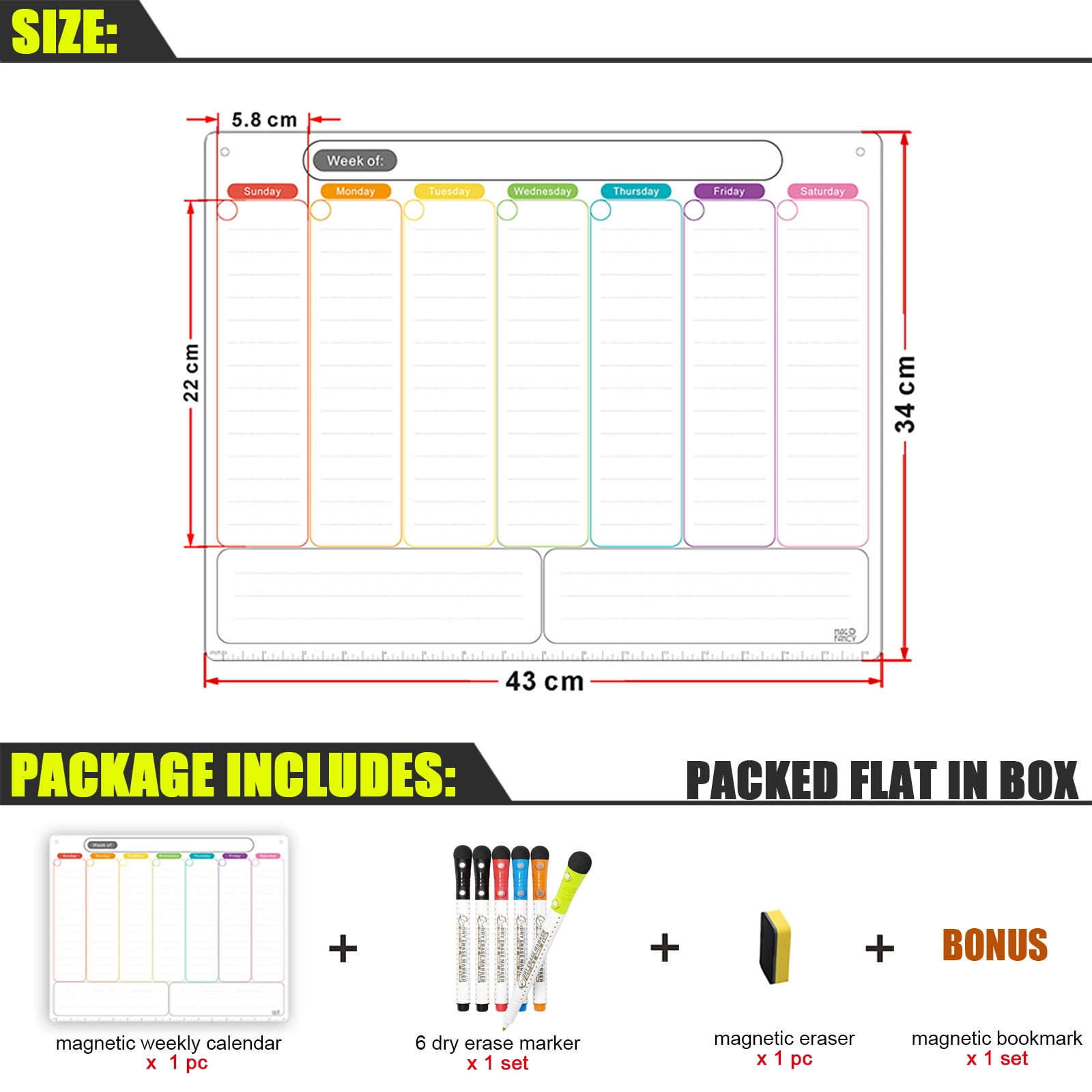 Magnetic Refrigerator Calendar – Weekly Dry Erase Planner, Extra Thick Magnet, Comes With 6 Markers & Eraser
