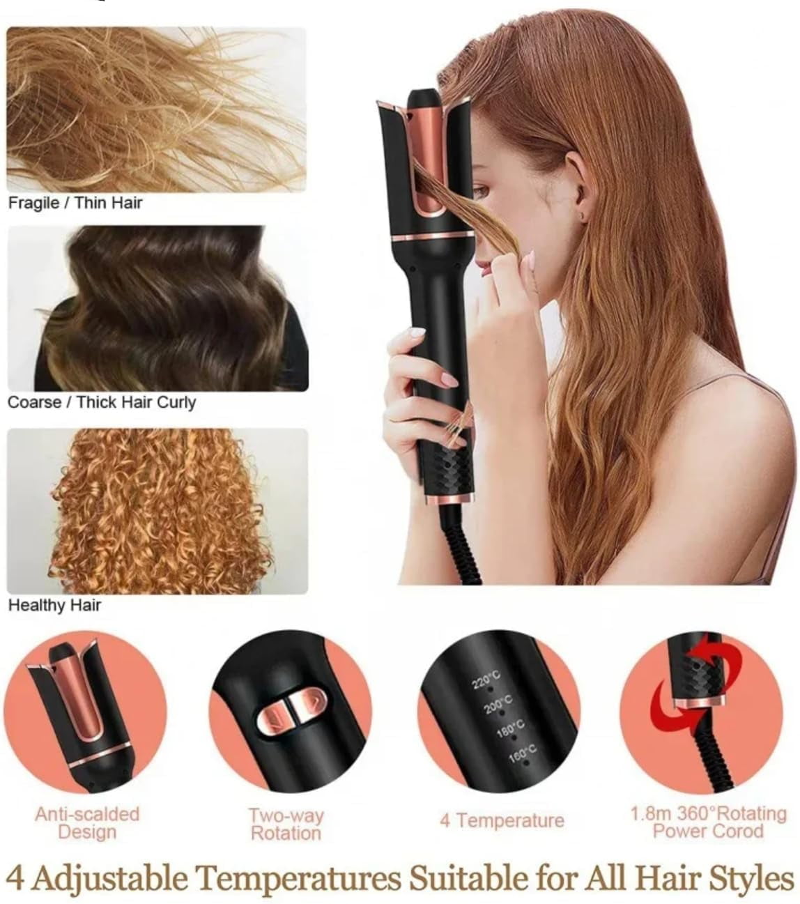 Automatic Curling Iron, Taotique Professional Auto Hair Curler with 4 Temperature, Shut-Off, Anti-Scald, Anti-Tangle Rotating Curling Wand for Hair Styling