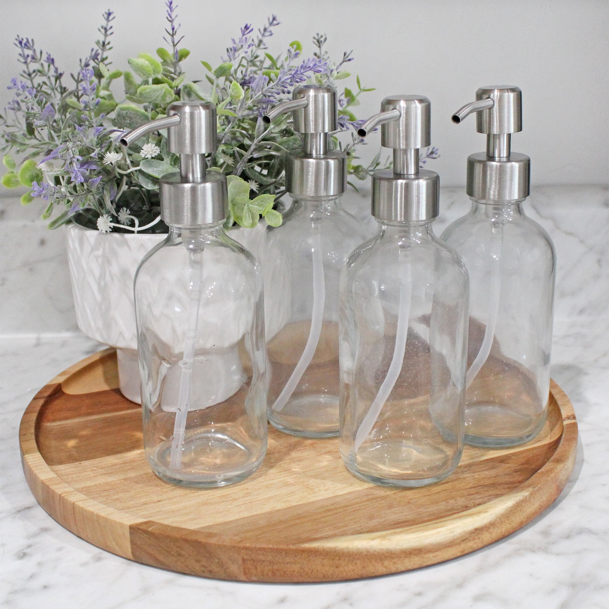 Cornucopia Brands 8oz Clear Glass Bottles w/ Stainless Steel Lotion Pumps (4-Pack); Liquid Soap & Lotion Pump Dispensers