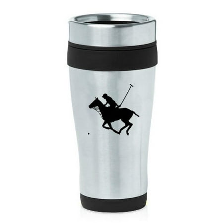 Horse Travel Mugs - 16oz Insulated Stainless Steel Travel Mug Polo Player and Horse (Black )