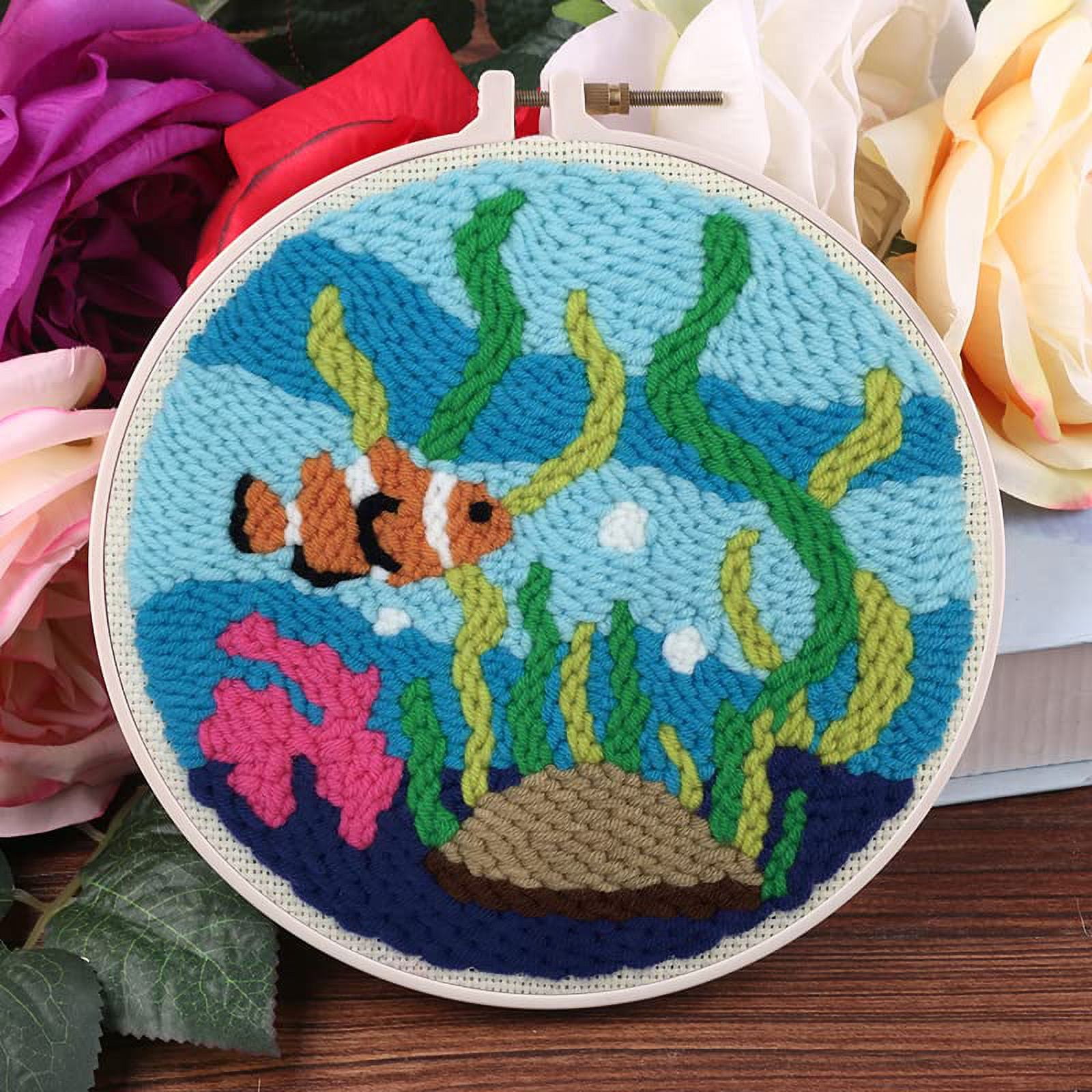 2 Pack Easy DIY Punch Needle Kits Embroidery Kits Set for Starter Kits with Stamped Color Pattern with Instruction,Yarn and Embroidery Wooden Handle Needle Pen (Sea Fish & Surfing Board)