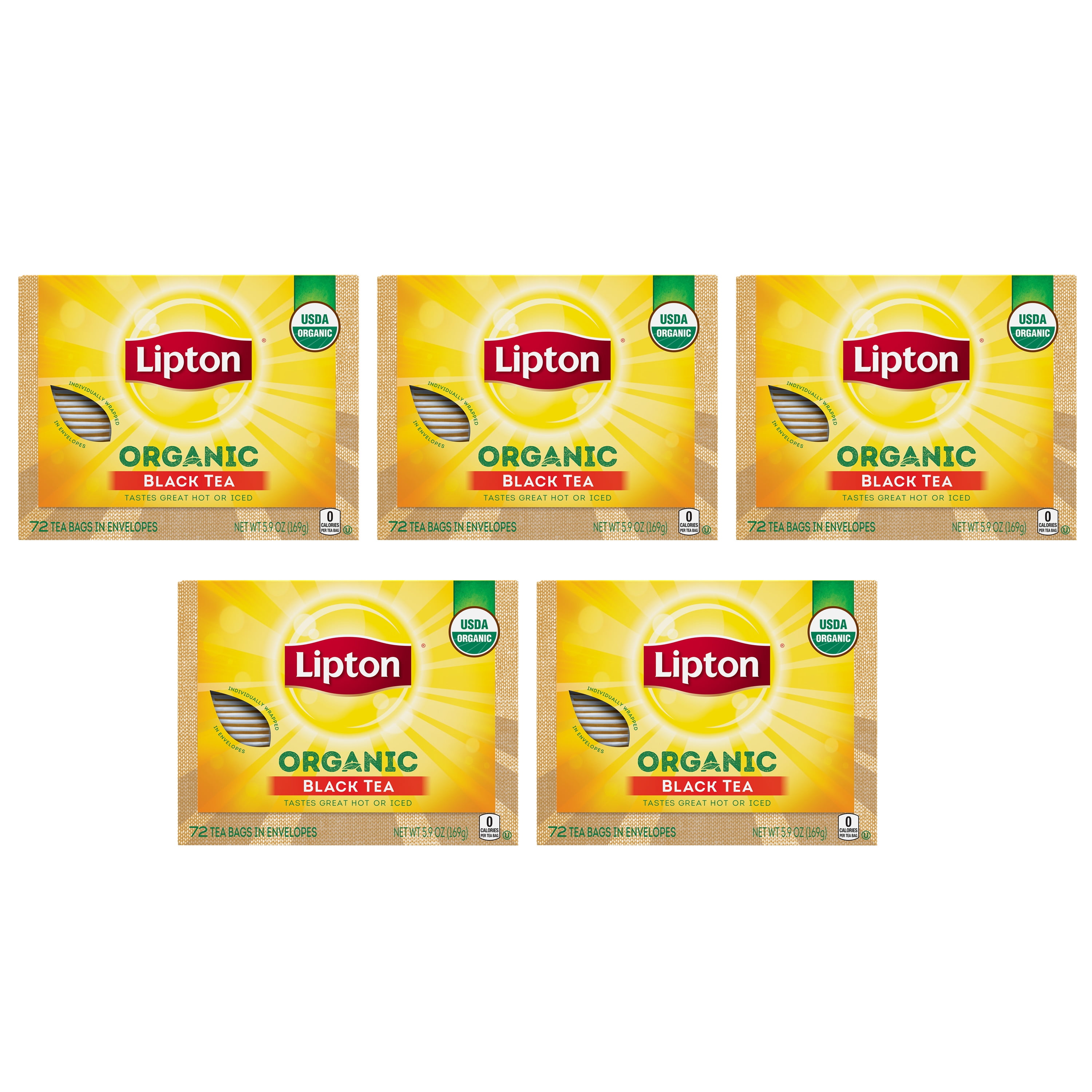 Lipton Organic Tea Bags Organic Black Tea 5.9 oz, 72 Count, Pack of 5