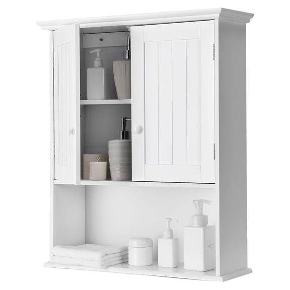 White Bathroom Cabinet Wall Mounted with 2 Doors, Small Wooden Medicine Cabinet with Adjustable Shelves & Open Shelf, Modern Over The Toilet Cabinet for Laundry Living Room Kitchen