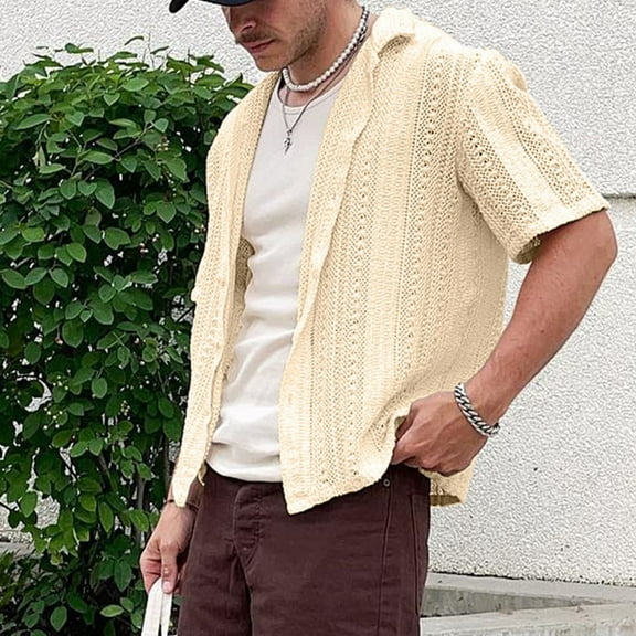ZZHZGZ 4Th of July Jean Shirt for Men Men's Casual Knit Cardigan Summer Cool Hollow Short Sleeve Men's Shirt Solid Color Men's White Top Fourth of July Mens White Dress Shirt Long Sleeve M