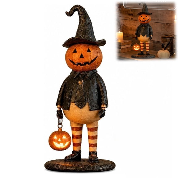 Pumpkin Lamp Stained Glass Style, Whimsy Decor Witch Figurine with Glowing Hat, Halloween Gothic Resin Statue for Home