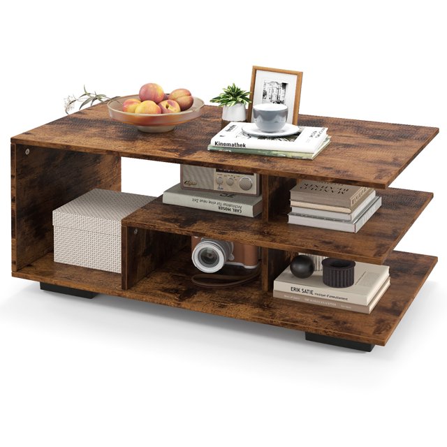 Gymax Table Basse Géométrique avec Étagères de Rangement à 2 Niveaux, Brun Rustique
