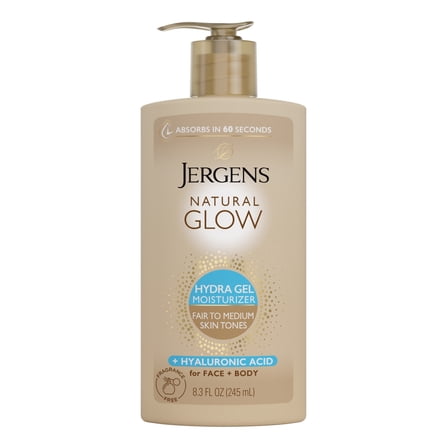 Jergens Natural Glow Hydra Gel Moisturizer, Hyaluronic Acid Tanning Lotion, Fair to Medium, 8.3 Fl Oz