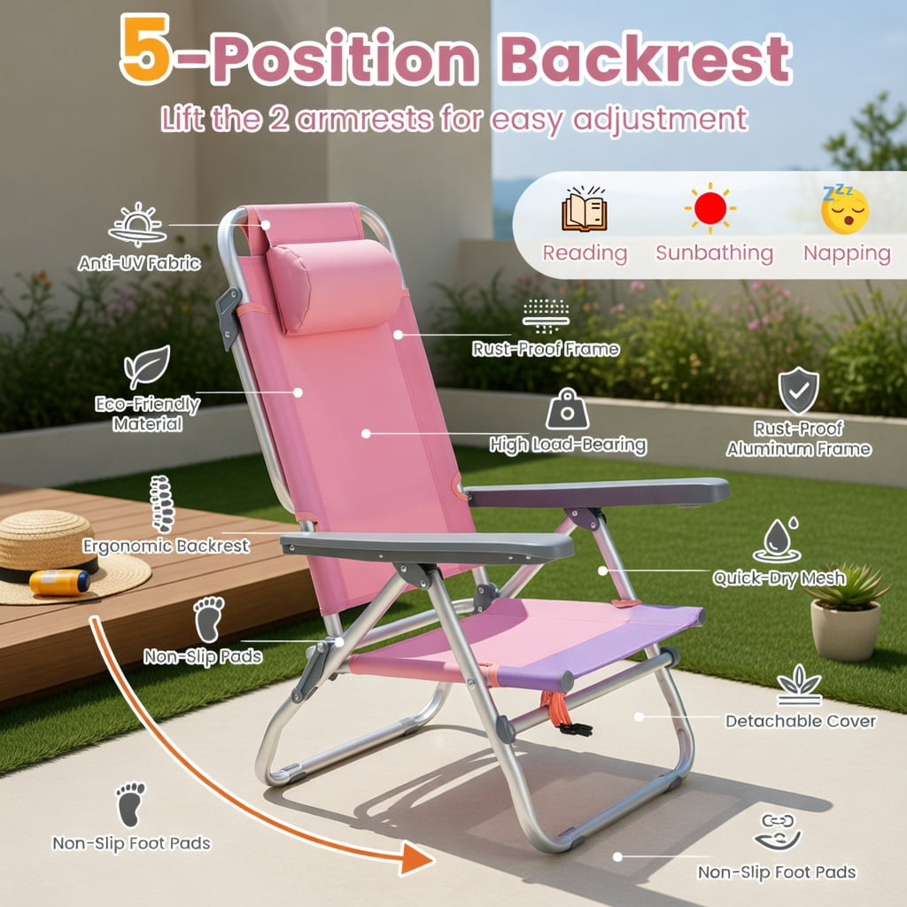 Hommoo 2-Pack Portable Beach Chairs with 5-Position Recline, Padded Headrest & Insulated Cooler Bag, Gradient Pink