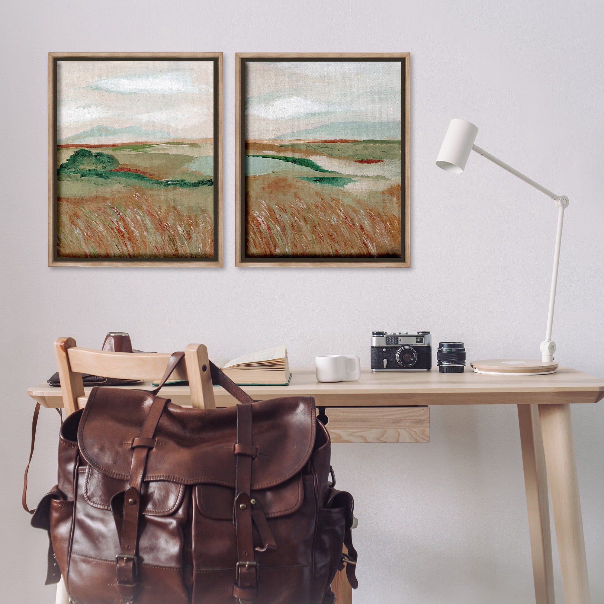 Stupell Industries Windblown Reeds Landscape Landscape Painting Brown Floater Framed Canvas Art Print Wall Art, 25 x 31, Set of 2