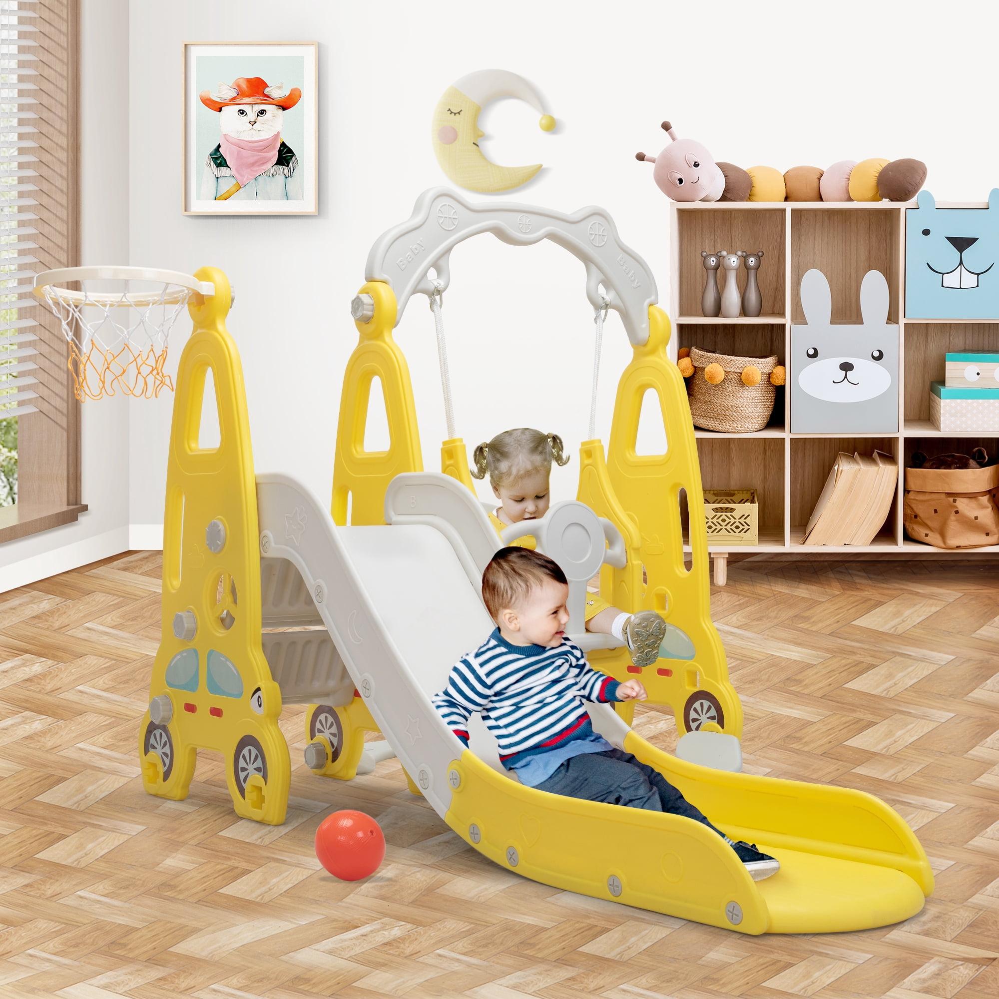 TOBBI 4 in 1 Toddler Climber and Swing Set, Play Climber Freestanding Slides Playset for Kids, Indoor Outdoor Playground Toy with Basketball Hoop & Ball Yellow
