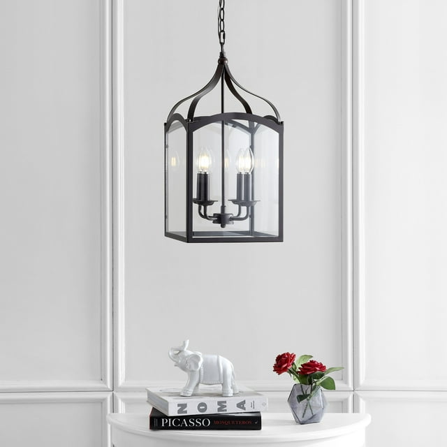 JONATHAN Y JYL7403A Ruth 11" 4-Light Lantern Metal/Glass LED Pendant, Traditional, Classic for Kitchen, Living Room, Oil Rubbed Bronze/Clear