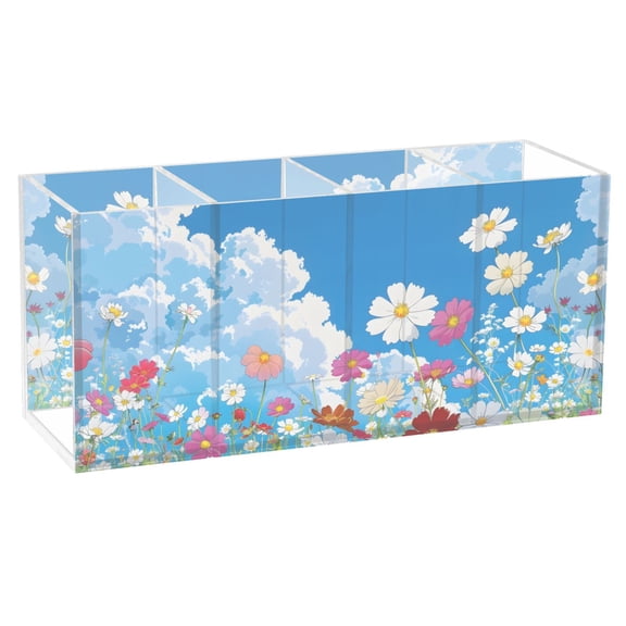 Blue Sky Daisy Floral Acrylic Pen Holder Cup 4 Compartments Clear Pencil Organizer Makeup Brush Holder Storage for Office Desktop Dorm