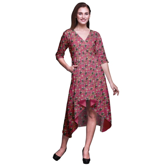 Bimba Cotton Pink Flower Leaves rinted Women’s Asymmetrical Shift Dress With Pockets Casual Midi Dress-X-Large