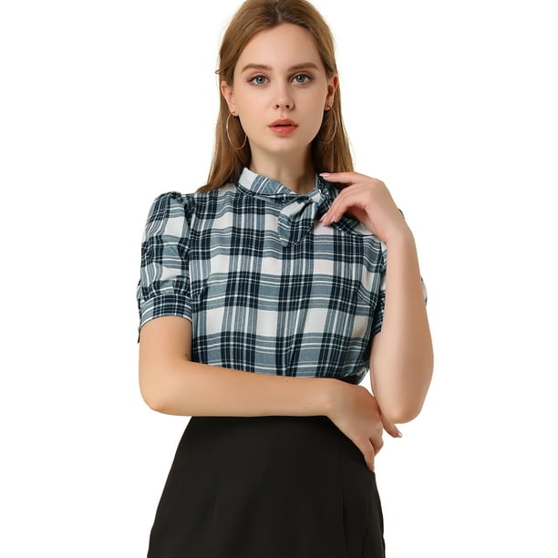 Blusa de cuello con cuello de lazo a cuadros para mujer, camisa de