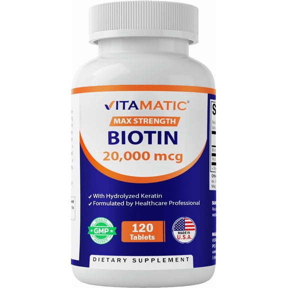 Vitamatic Biotin 20,000 mcg (20 mg) with Keratin 120 Tablets - 2 Pack