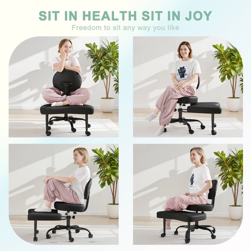 Lacoo Ergonomic Cross Legged Swivel Office Chair,ADHD & Meditation Chair with Retractable footrest,Adjustable Height with Back Support,PU Leather, Black