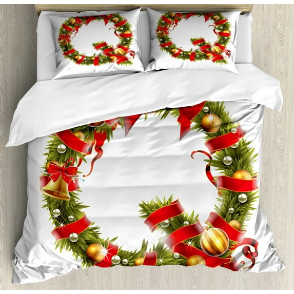 Christmas Alphabet Duvet Cover Set King Size, Winter Pattern Illustration of Tree Branches as Q Letter, Decorative 3 Piece Bedding Set with 2 Pillow Shams, Pearl and Olive Green, by Ambesonne